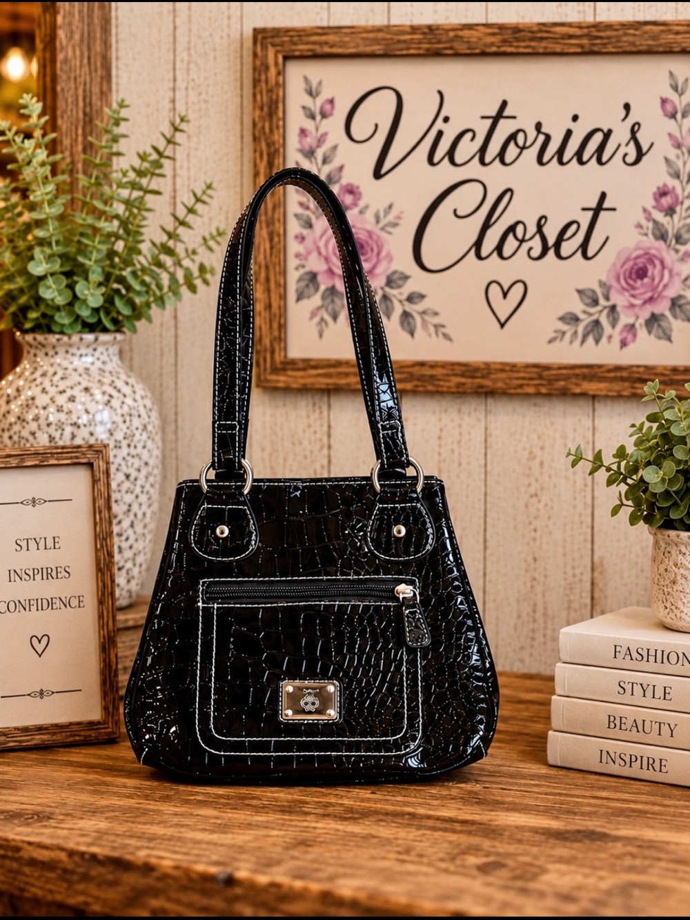 Treviso Black Croc-Embossed Shoulder Bag with Glossy Finish